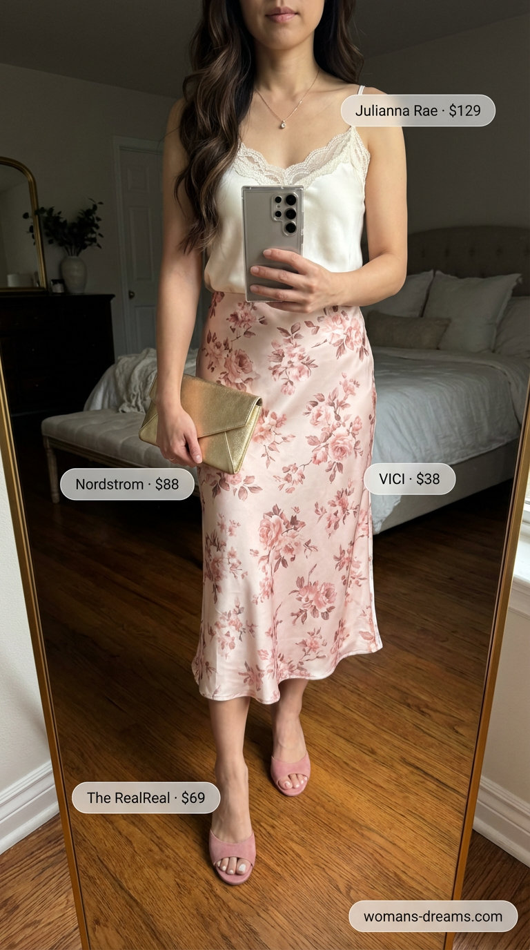 Elegant romantic evening outfit featuring a cream silk camisole, blush floral midi skirt, and gold heeled mules, ideal for a Women Travel Wardrobe for Summer 2026.