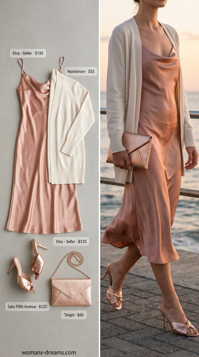 Romantic evening outfit by the sea featuring a blush pink satin slip dress, cream open-front cardigan, and rose gold heeled mules, perfect for a Women Travel Wardrobe for Summer 2026.
