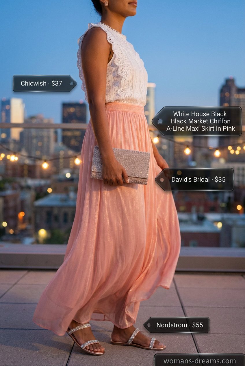 Elegant romantic rooftop outfit with a white lace crop top, blush pink maxi skirt, and rose gold flat sandals, perfect for a Women Travel Wardrobe for Summer 2026.