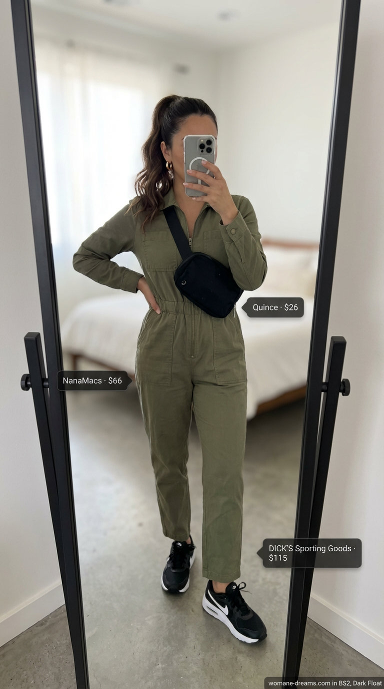 Chic olive green utility jumpsuit with black sneakers and a cross-body belt bag, an adventurous option for a Women Travel Wardrobe for Summer 2026.