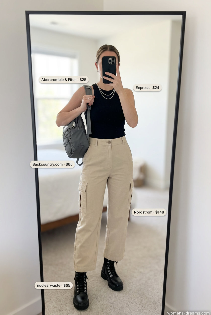 Edgy urban safari outfit with high-waisted beige cargo pants, a black ribbed tank top, and platform combat boots, a key look for a Women Travel Wardrobe for Summer 2026.