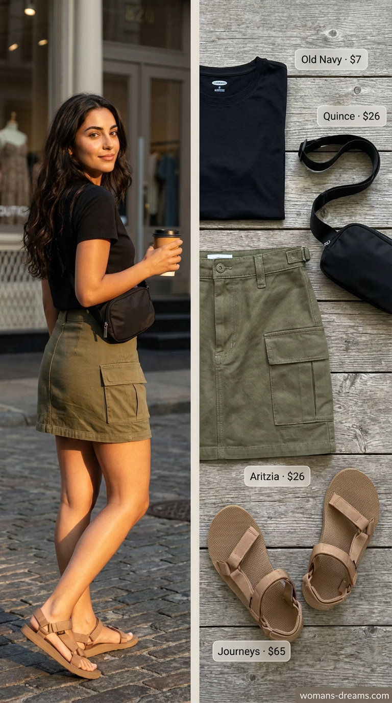 An adventurous outfit with an olive green cotton twill A-line cargo mini skirt, a black short-sleeve t-shirt, sturdy outdoor sandals, and a black nylon belt bag worn crossbody, perfect for a Women Travel Wardrobe for Summer 2026 for outdoor exploration.