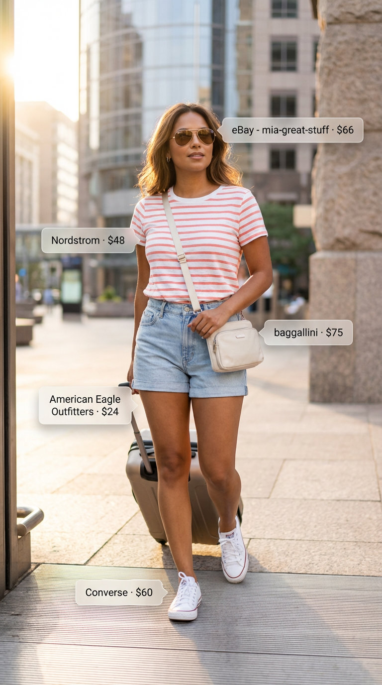 A casual city explorer outfit featuring high-waisted denim shorts, a white and coral striped linen blend t-shirt, white canvas sneakers, aviator sunglasses, and a compact nylon crossbody bag, ideal for a Women Travel Wardrobe for Summer 2026.