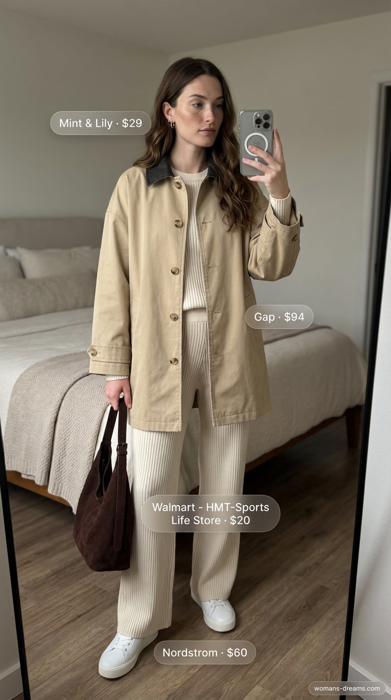A cozy cream ribbed knit matching set (cropped sweater and wide-leg pants), an oversized tan trench coat, white leather sneakers, gold hoop earrings, and a brown slouchy shoulder bag, for a Women Travel Wardrobe for Summer 2026.