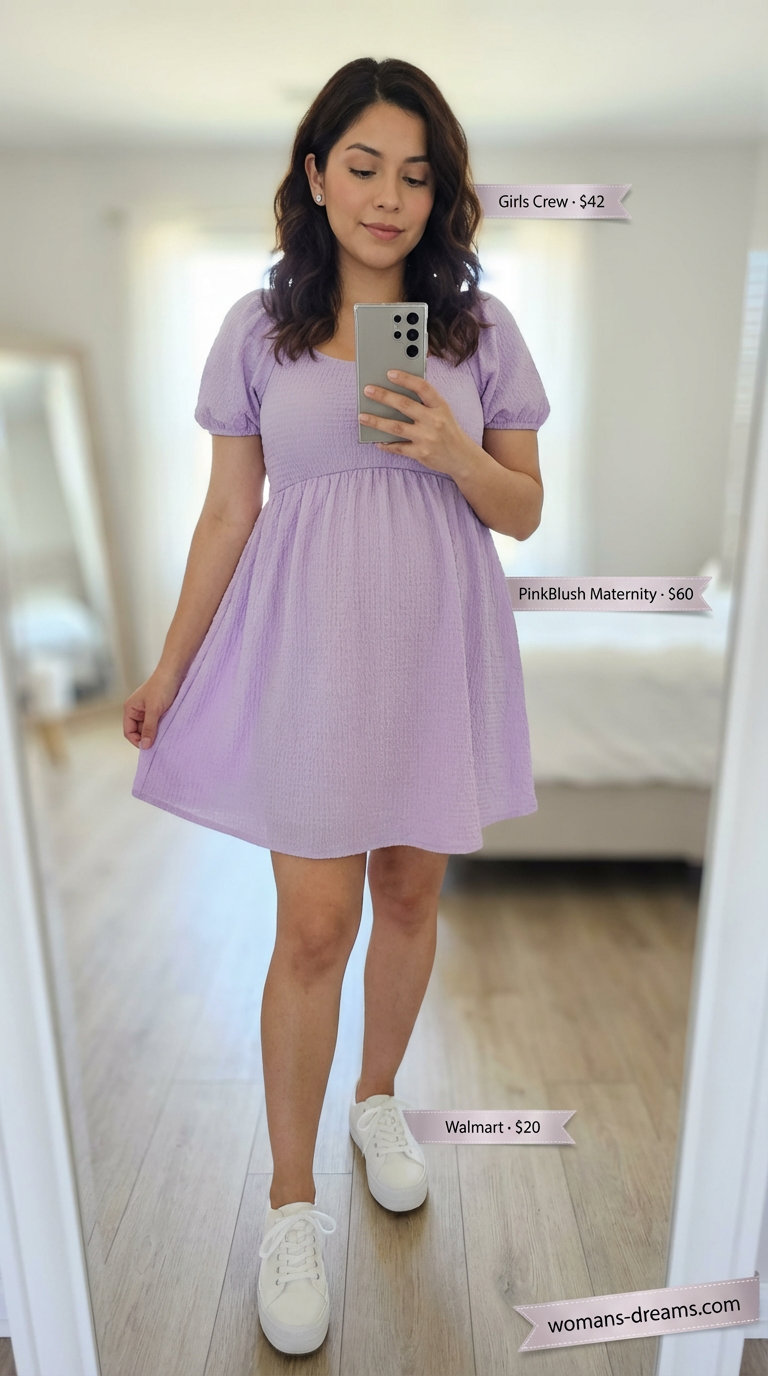 A playful lavender babydoll mini dress with puff sleeves, white platform sneakers, delicate silver studs, and a white mini crossbody bag, part of a Women Travel Wardrobe for Summer 2026.