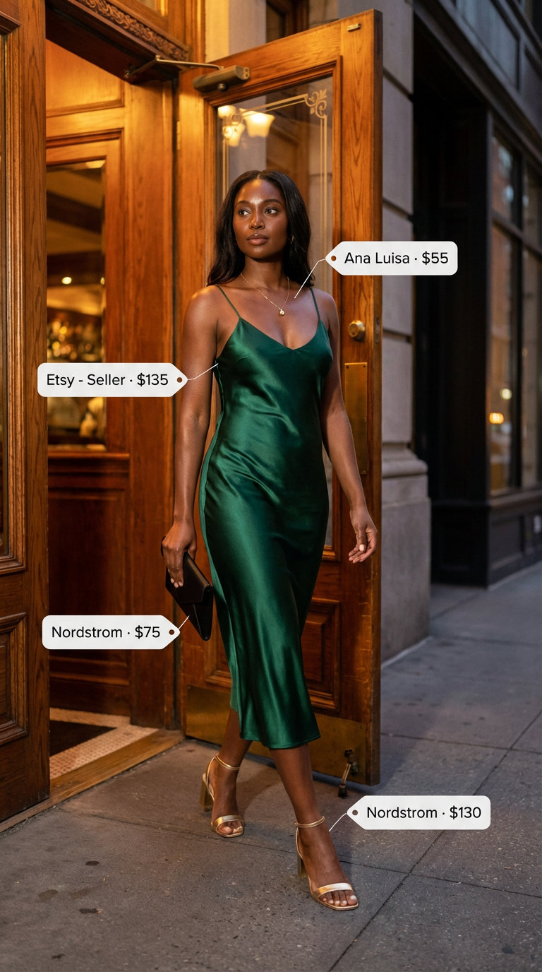 An elegant emerald green satin midi slip dress with gold block heel sandals, a black clutch, and a delicate gold necklace, perfect for a Women Travel Wardrobe for Summer 2026 evening dinner.