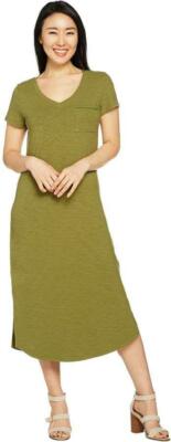 C. Wonder Essentials Slub Knit Midi T-Shirt Dress A289779 Olive Green, Petite XS