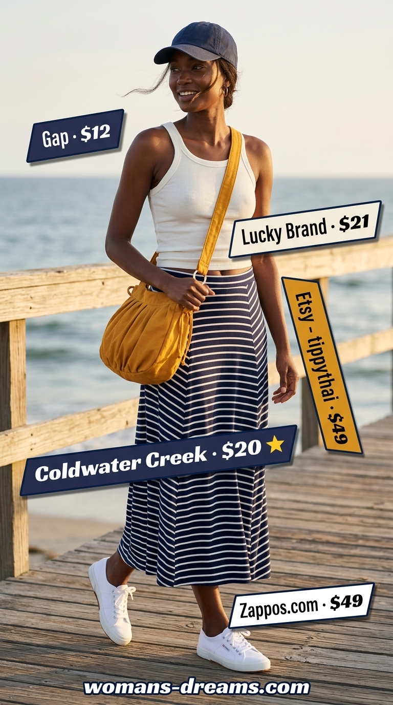 Maxi skirt outfits summer 2026: Striped maxi skirt, white tank, sneakers for retro nautical.