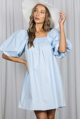 Light Blue Puff Sleeve Square Neck Babydoll Mini Cotton Poplin Dress Casual | eBay