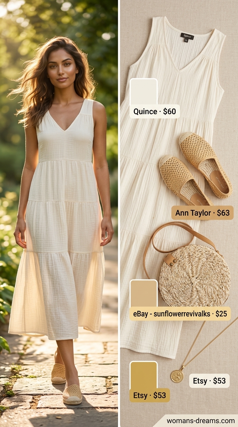 All white summer outfits for women 2026: Sunset Beach Retreat maxi dress with straw bag and espadrilles.