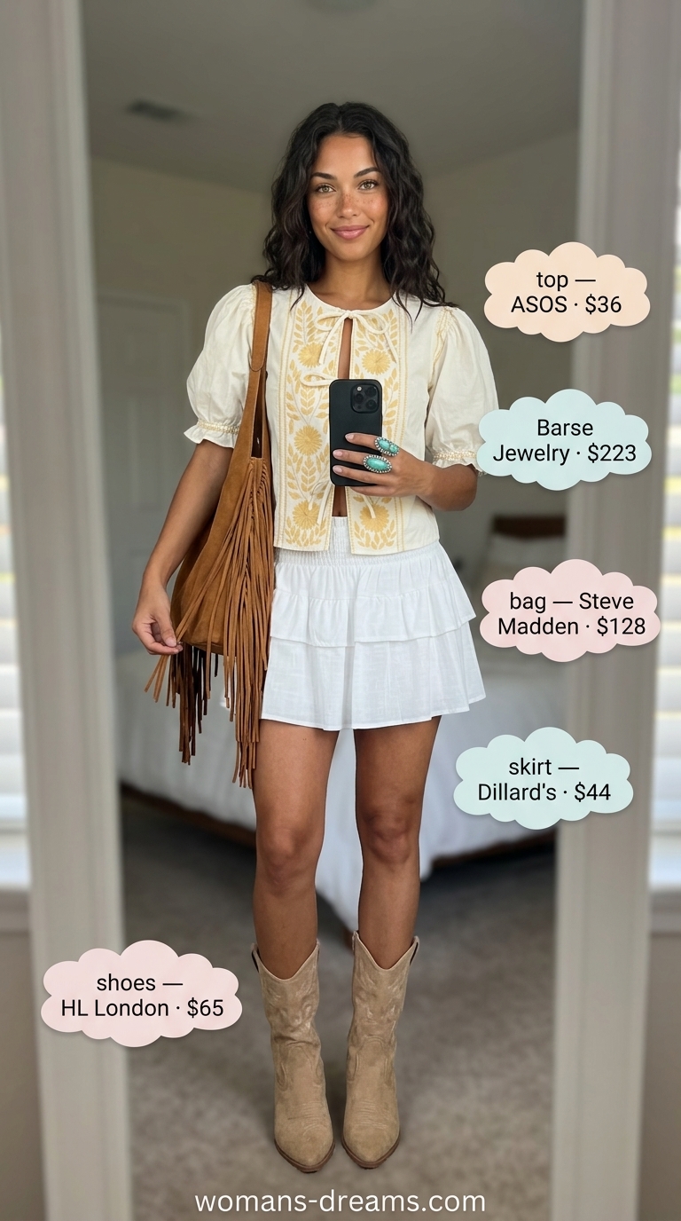 All white summer outfits for women 2026: White skirt, peasant blouse, cowboy boots, turquoise ring & fringe bag.