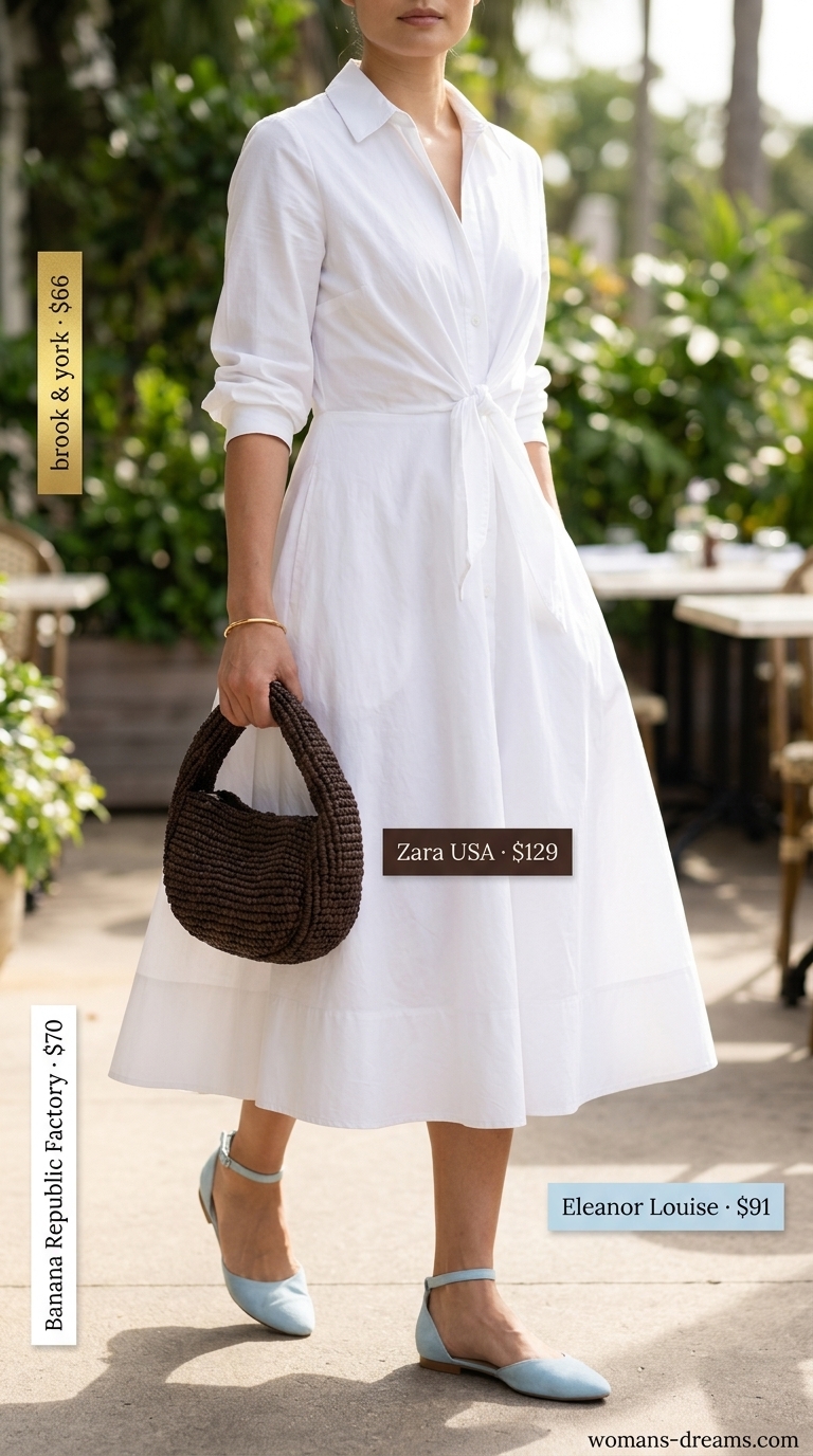 All white summer outfits for women 2026: White shirt dress, blue mules, woven bag, sunglasses & gold bangle for brunch.