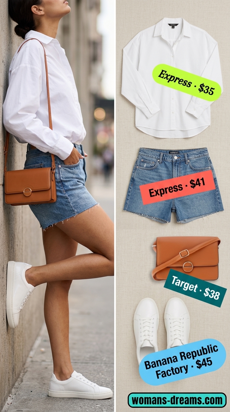 All white summer outfits for women 2026: Oversized white shirt, tank, denim shorts, sneakers & cognac bag for city errands.
