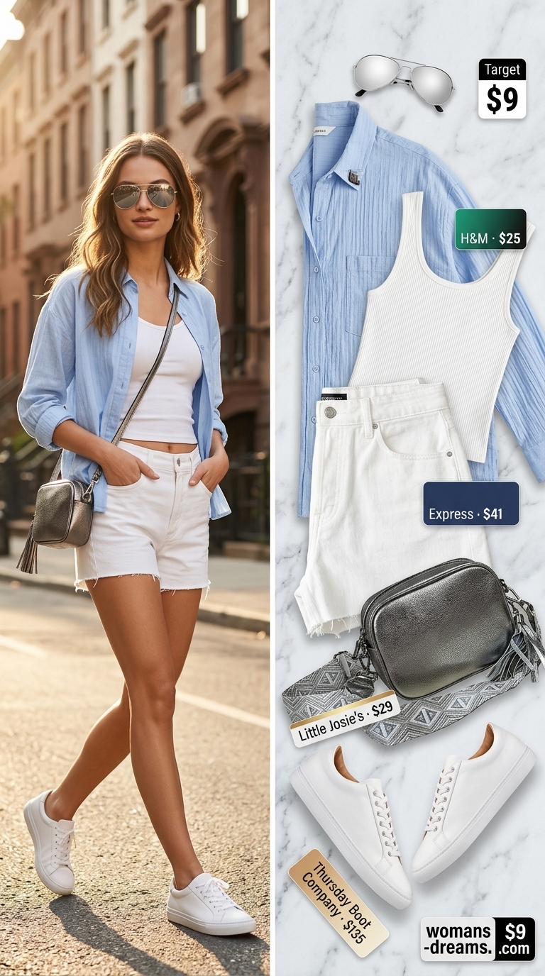 All white summer outfits for women 2026: City Summer Weekend shorts with oversized shirt and sneakers.