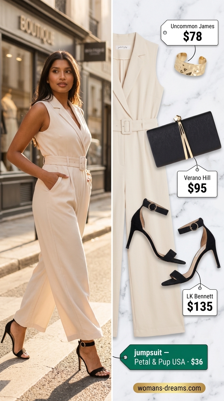 All white summer outfits for women 2026: Cream jumpsuit, black heels, clutch, gold bracelet & earrings for evening.