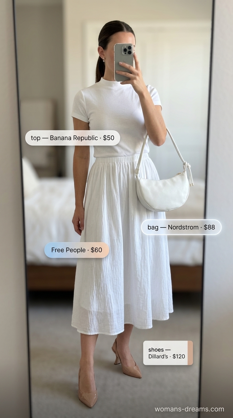 All white summer outfits for women 2026: Gallery Opening Elegance skirt with mock neck top and slingbacks.