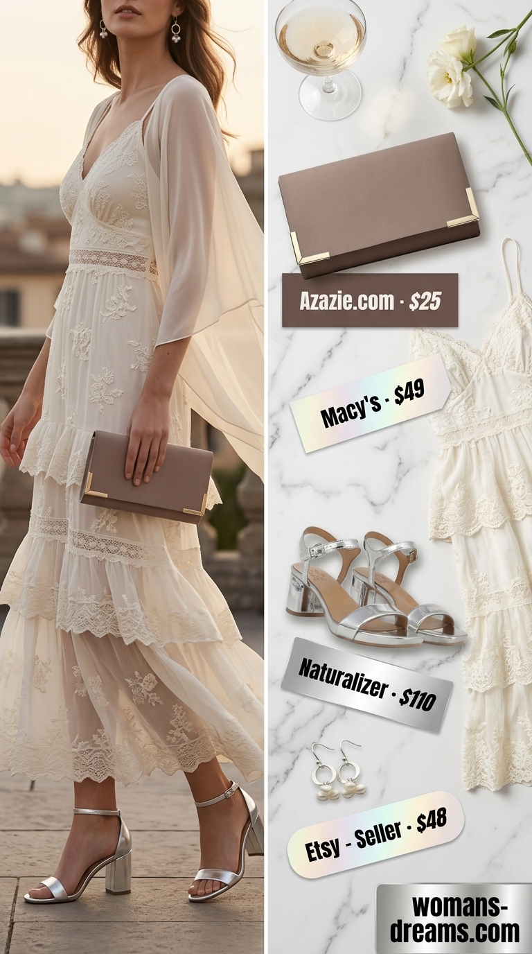 All white summer outfits for women 2026: Ivory maxi dress, silver sandals, pearl earrings & taupe clutch for weddings.