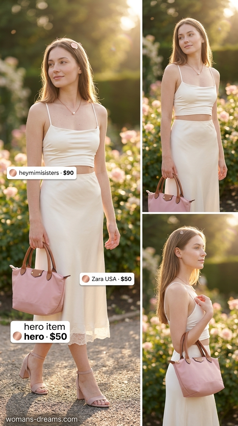 All white summer outfits for women 2026: White lace skirt, camisole, blush bag & sandals, rose gold necklace.
