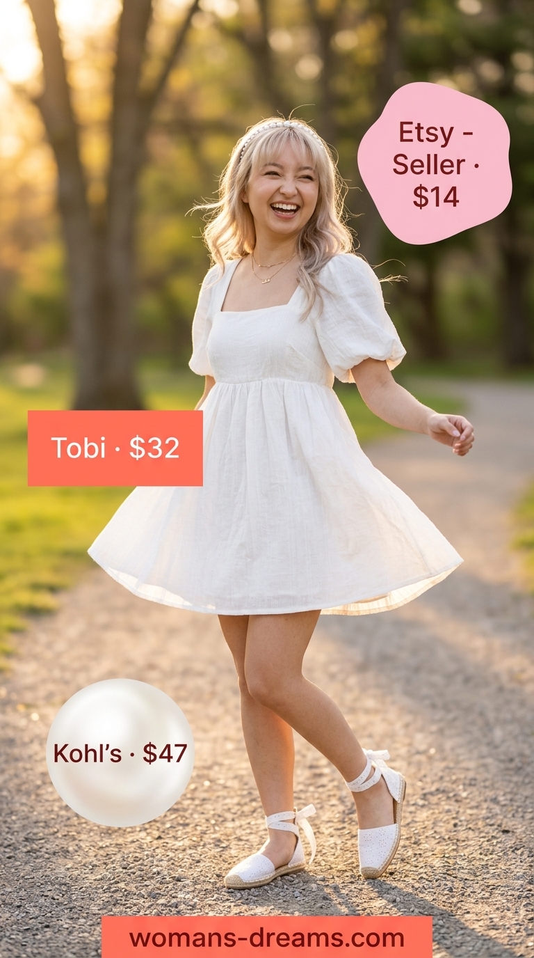 All white summer outfits for women 2026: Playful Summer Day babydoll dress with beaded headband and espadrilles.