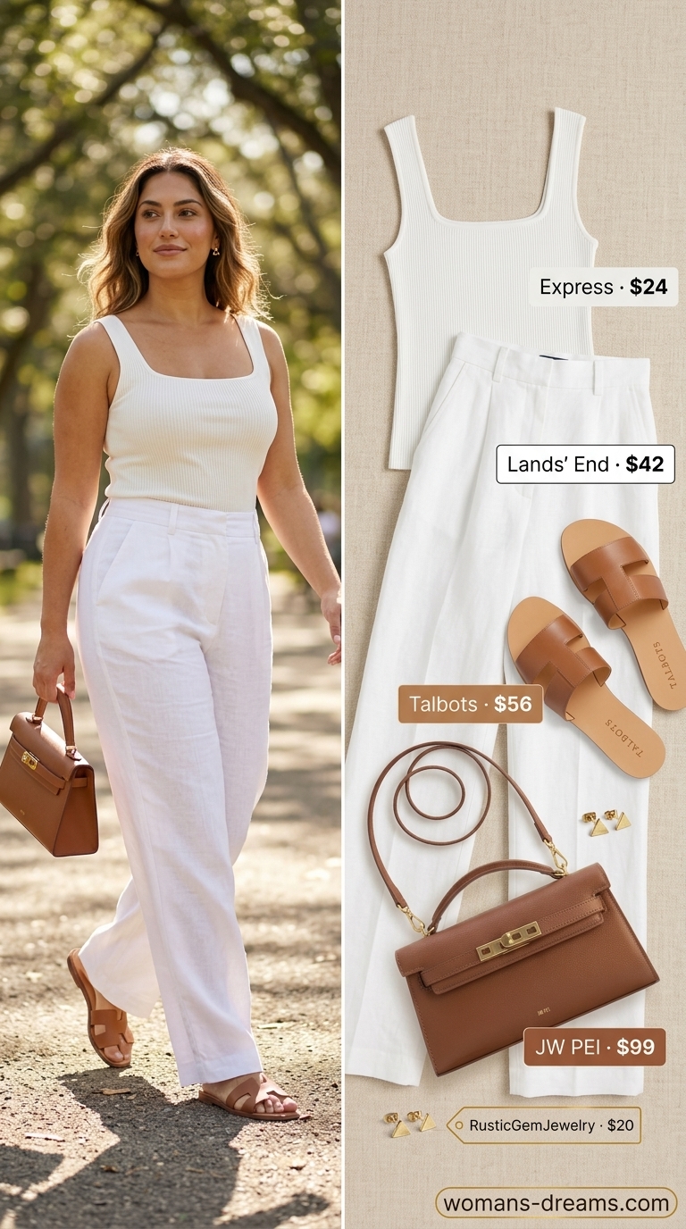 All white summer outfits for women 2026: Riviera Brunch Elegance wide-leg pants with knit tank and slides.