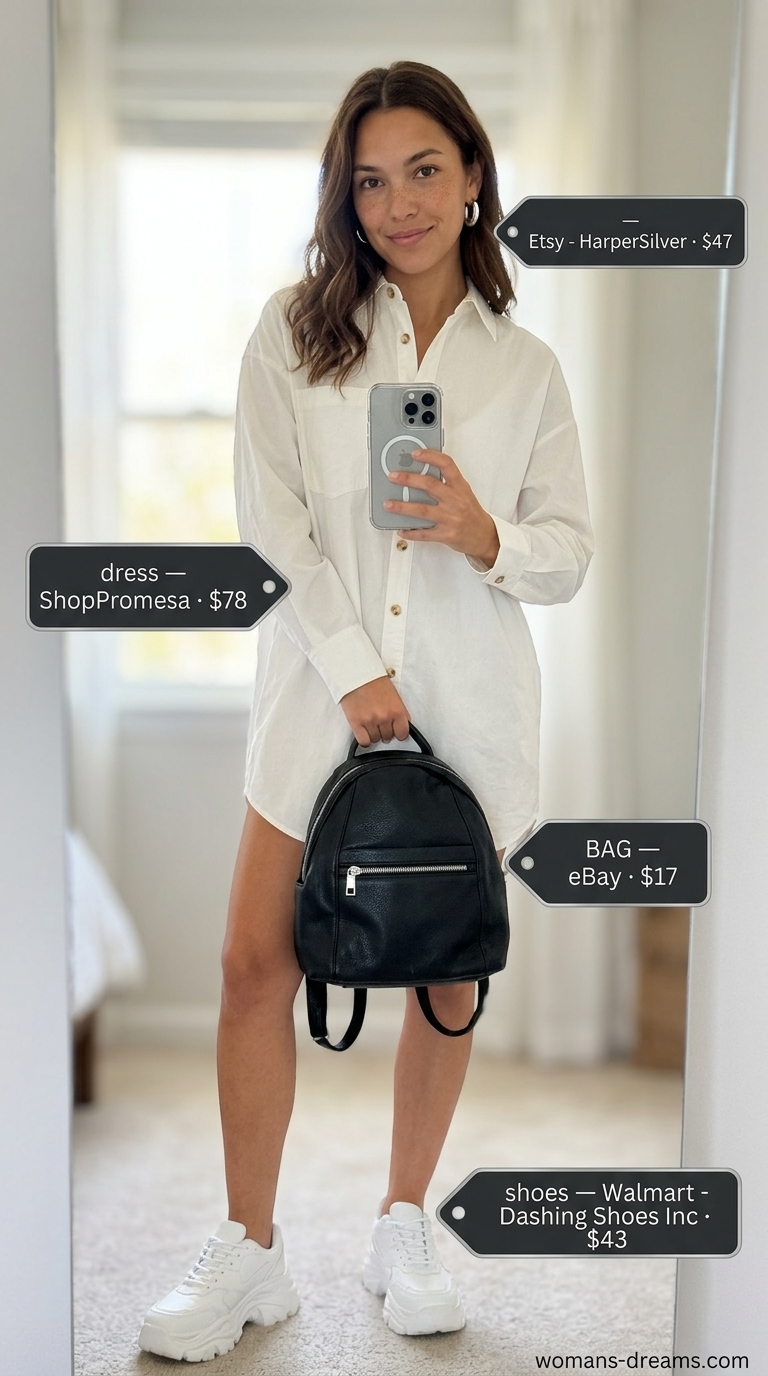 All white summer outfits for women 2026: White shirt dress, black backpack, chunky sneakers & hoop earrings.
