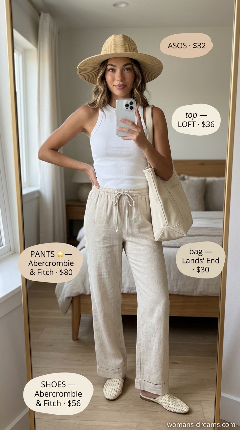 All white summer outfits for women 2026: Sophisticated Summer Travel cropped pants with knit tank and espadrilles.