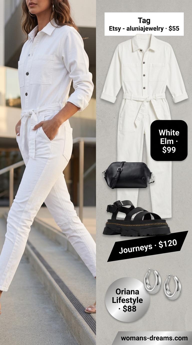 All white summer outfits for women 2026: White utility jumpsuit, black sandals, belt, earrings & crossbody bag.