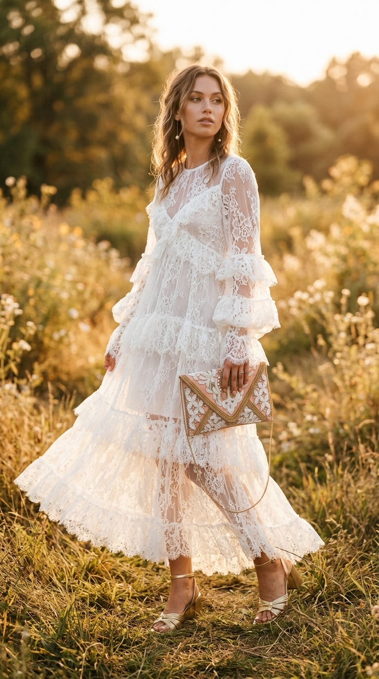 All white summer outfits for women 2026: White lace maxi dress with gold block heels and blush clutch.