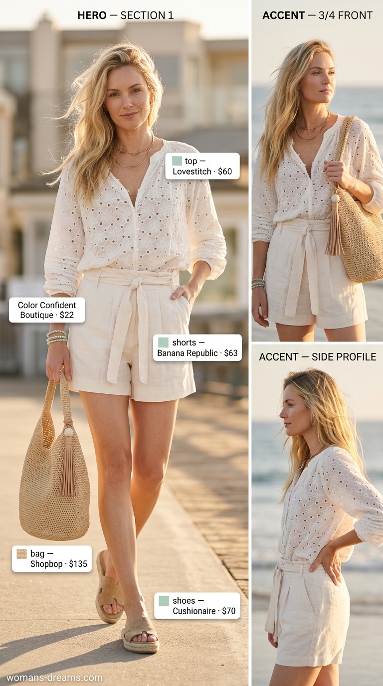 All white summer outfits for women 2026: Off-white linen shorts, white peasant blouse, and raffia tote.