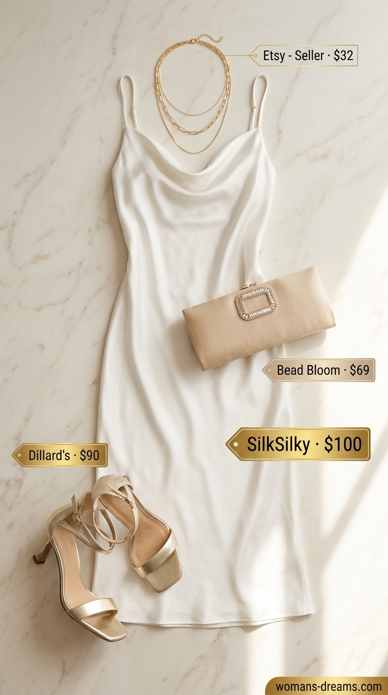 All white summer outfits for women 2026: Pearl white silk slip dress with gold layered necklaces and champagne heels.