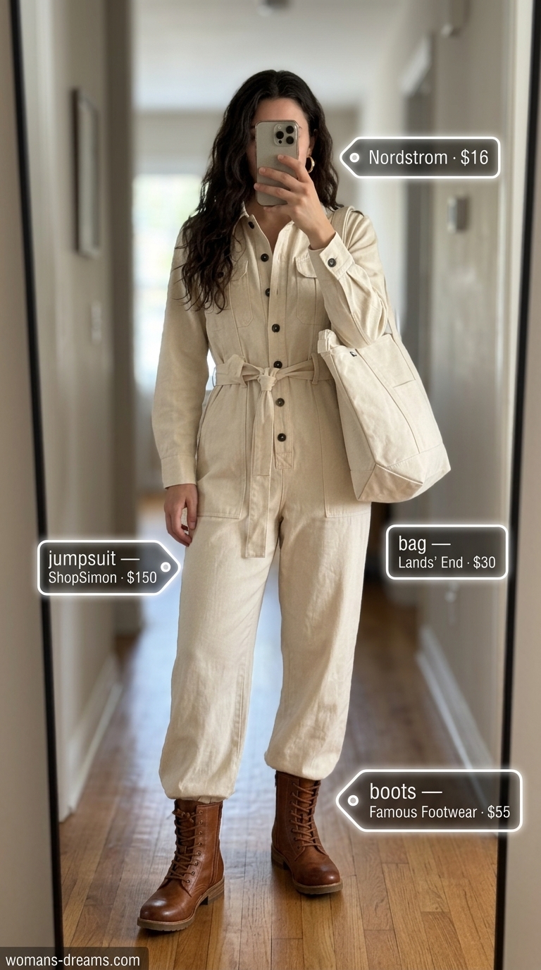 All white summer outfits for women 2026: Cream utility jumpsuit, tan combat boots, and gold hoops for urban exploring.