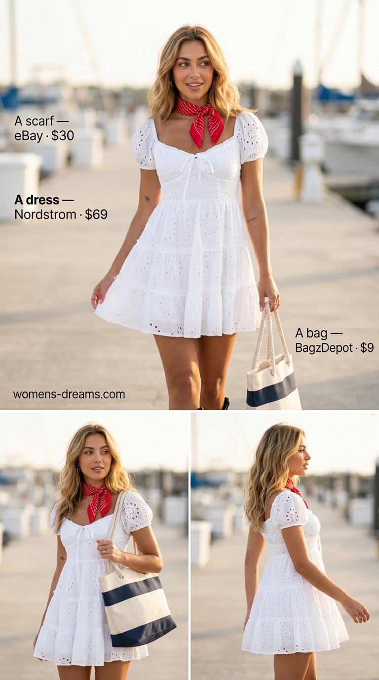 All white summer outfits for women 2026: White eyelet mini dress with navy tote and red striped scarf.