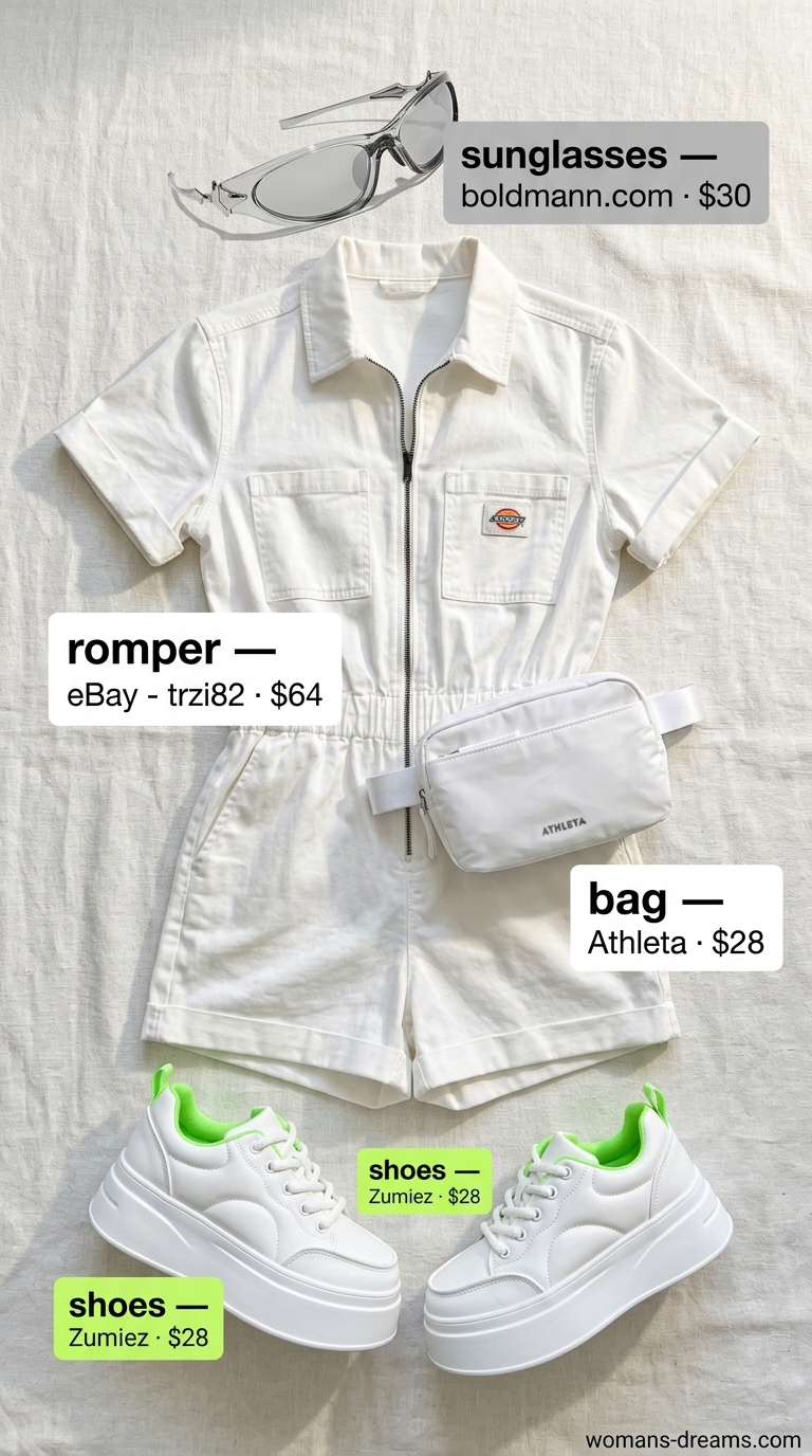 All white summer outfits for women 2026: White utility romper with neon lime green accents and silver sunglasses.