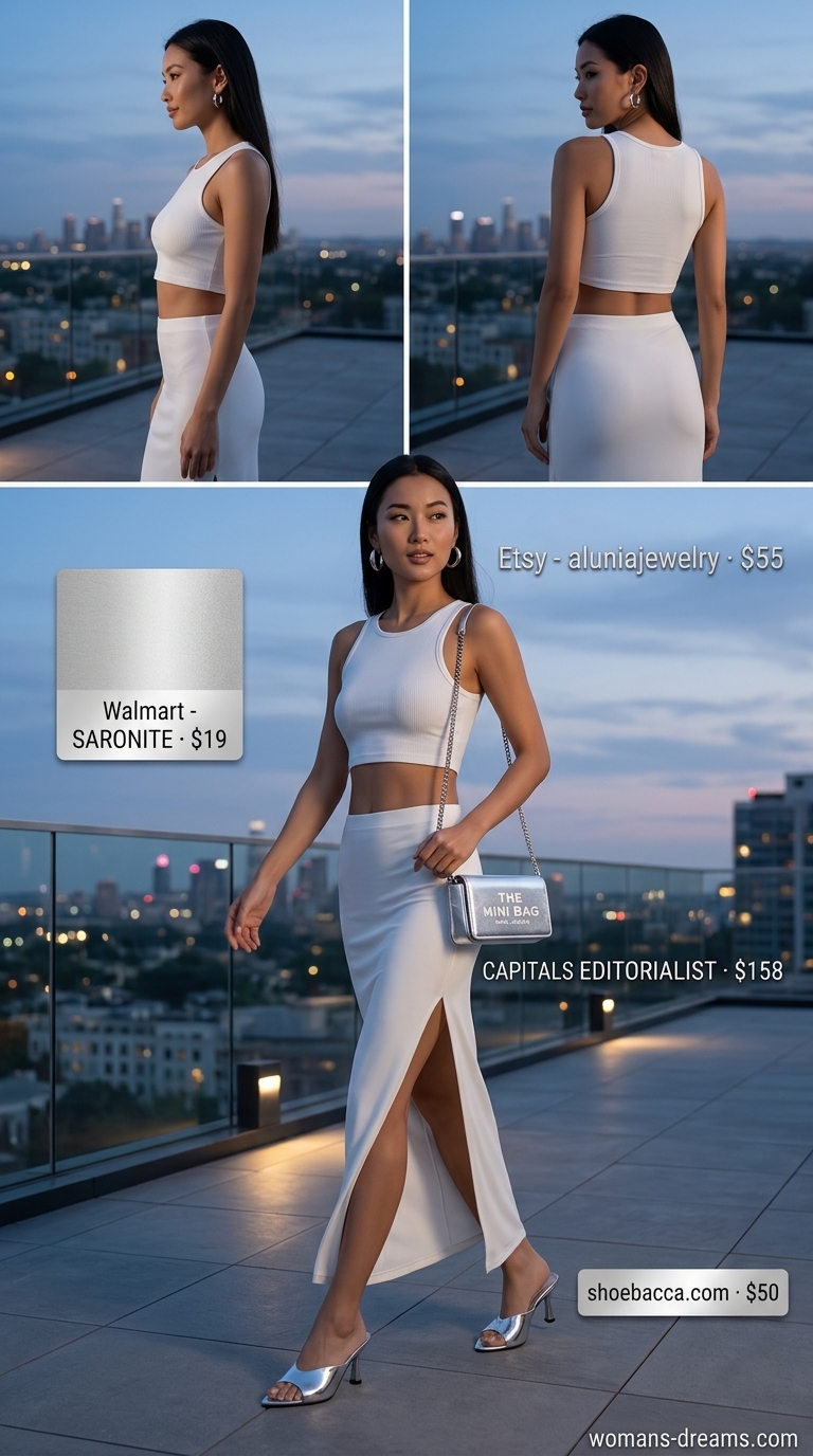 All white summer outfits for women 2026: White ribbed knit crop top and midi skirt set with silver accessories.