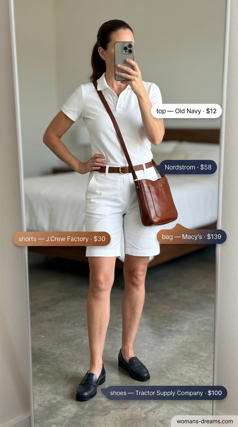 All white summer outfits for women 2026: White Bermuda shorts, pique polo, and navy loafers for a preppy look.