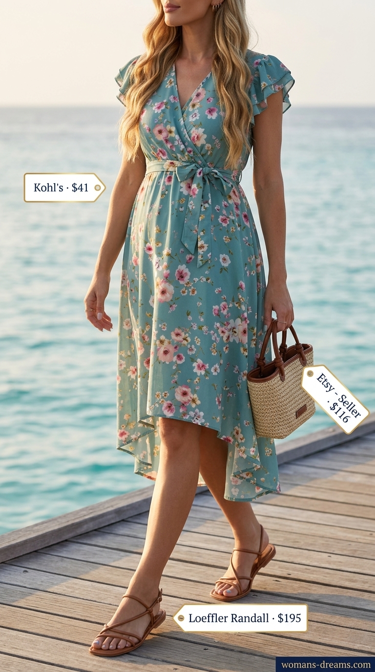 Floral wrap dress outfits 2026. Alternative casual brunch look with strappy sandals and straw tote.