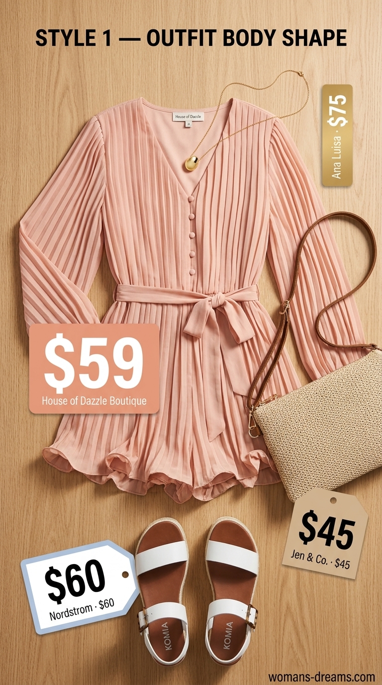 Curvy wrap dress outfit summer 2026 alternative: Blush pink romper with white espadrilles for a sweet, feminine look.