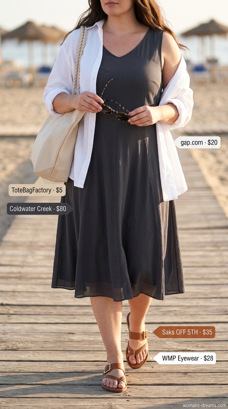 Curvy wrap dress outfit summer 2026 alternative: Linen shorts, white shirt, slides for beach day.