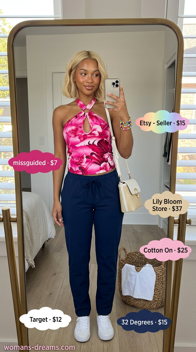 Floral halter top with denim shorts, sneakers for playful summer festival outfits 2026.