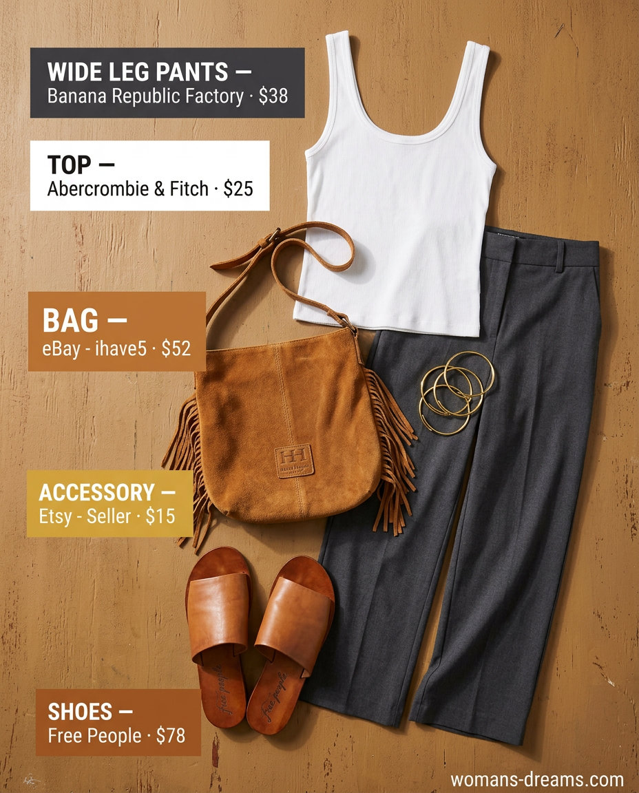 Maxi skirt outfit 2026: floral maxi skirt, white tank, leather sandals, fringe bag, gold bangles. (Not wide leg pants)
