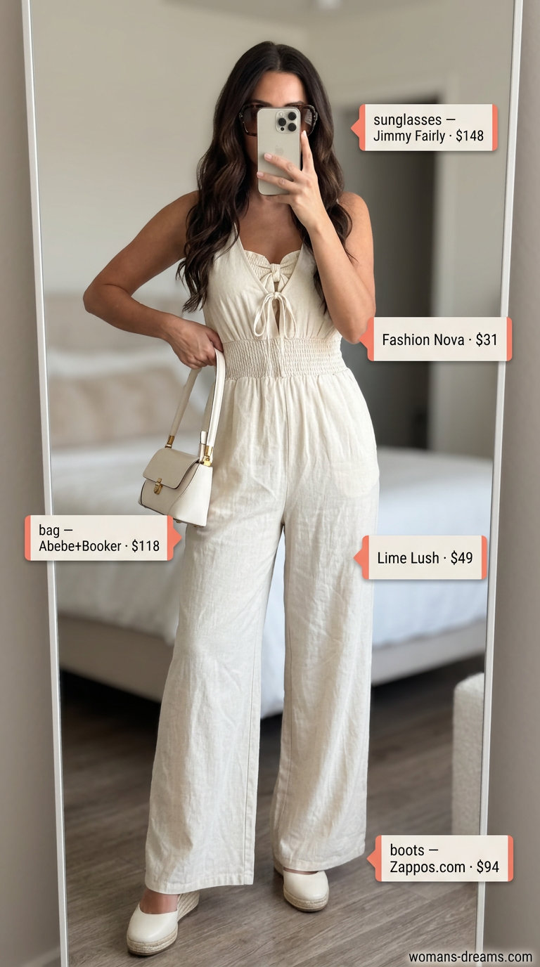 Chic Linen Jumpsuit: Trendy summer matching set outfits for women 2026 alternative with a beige linen jumpsuit.