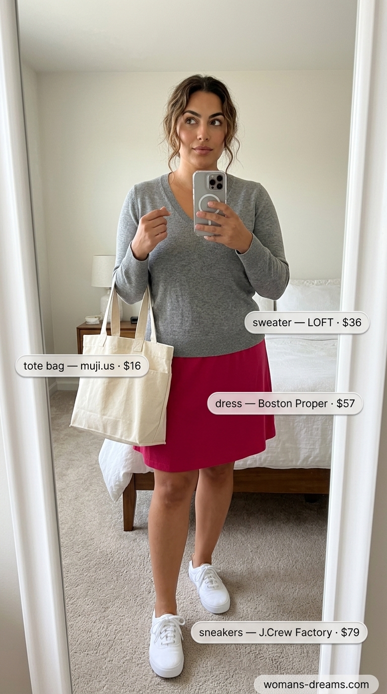 White canvas sneakers with beige linen pants, light grey knit cardigan, and canvas tote bag for casual weekend wear.