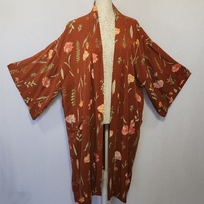 Uncommon Goods Women M/L Terracotta Floral Print Open Front 100% Lyocell Kimono | eBay