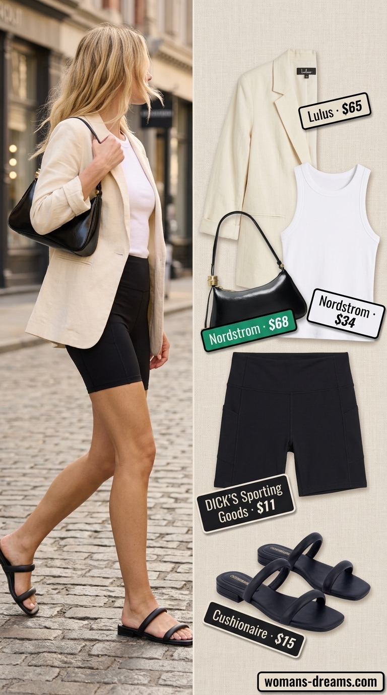 Beige linen blazer with black biker shorts and white tank for effortless summer brunch outfits 2026.