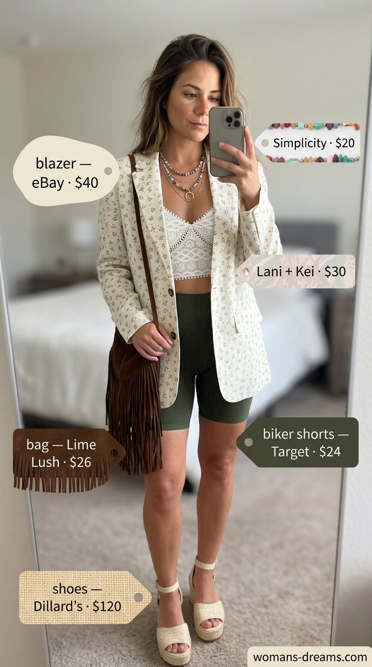 Boho floral print blazer with olive green biker shorts and crochet bralette for summer festival outfits 2026.