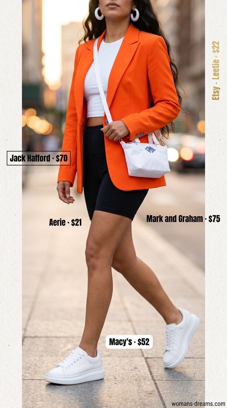Bright orange blazer with black biker shorts and white crop top for summer festival outfits 2026.