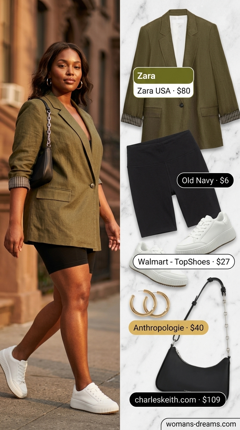 Biker shorts with blazer outfits summer for women 2026: Khaki blazer, graphic tee, black biker shorts for city brunch.