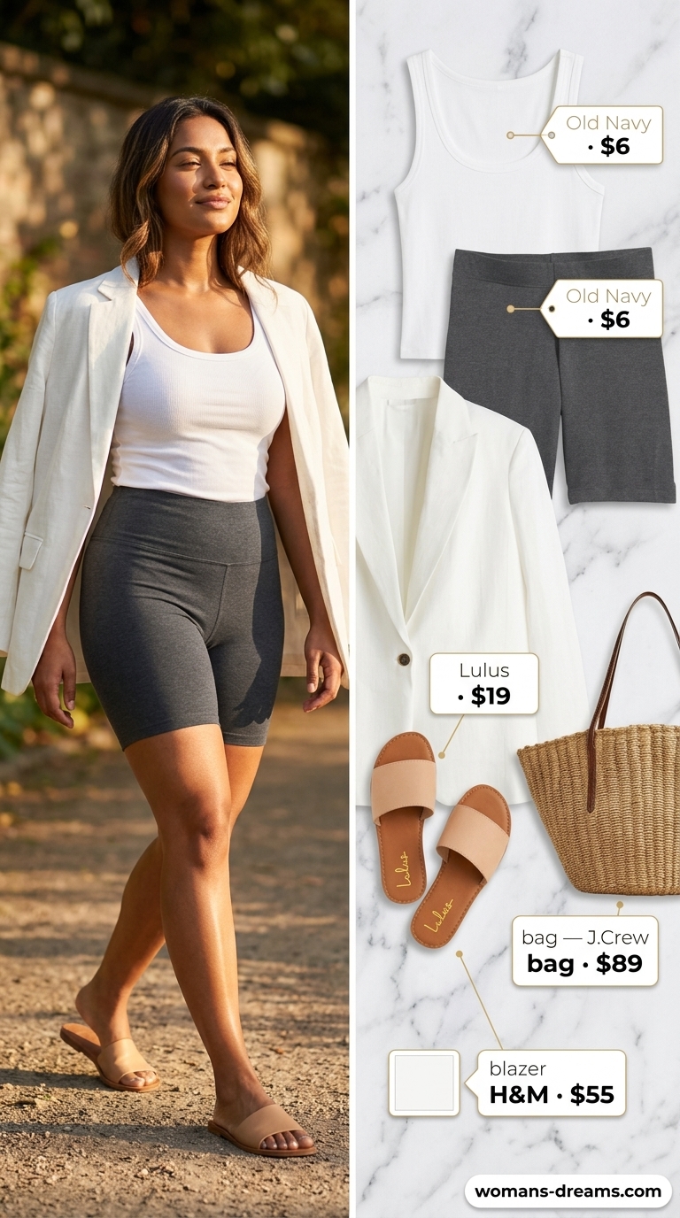 Biker shorts with blazer outfits summer for women 2026: White blazer, grey biker shorts, white tank for coastal coffee run.