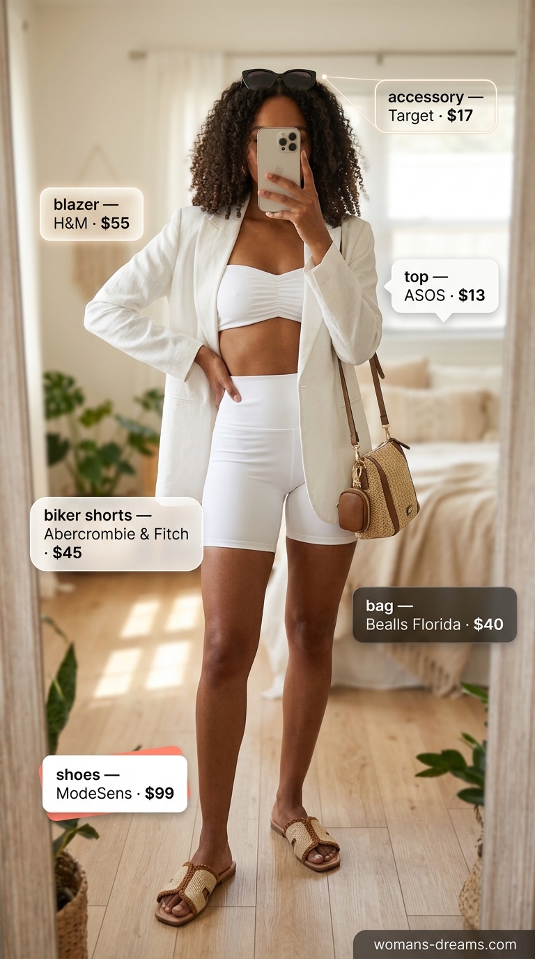 White linen blazer with navy striped top and white biker shorts for coastal summer outfits 2026.