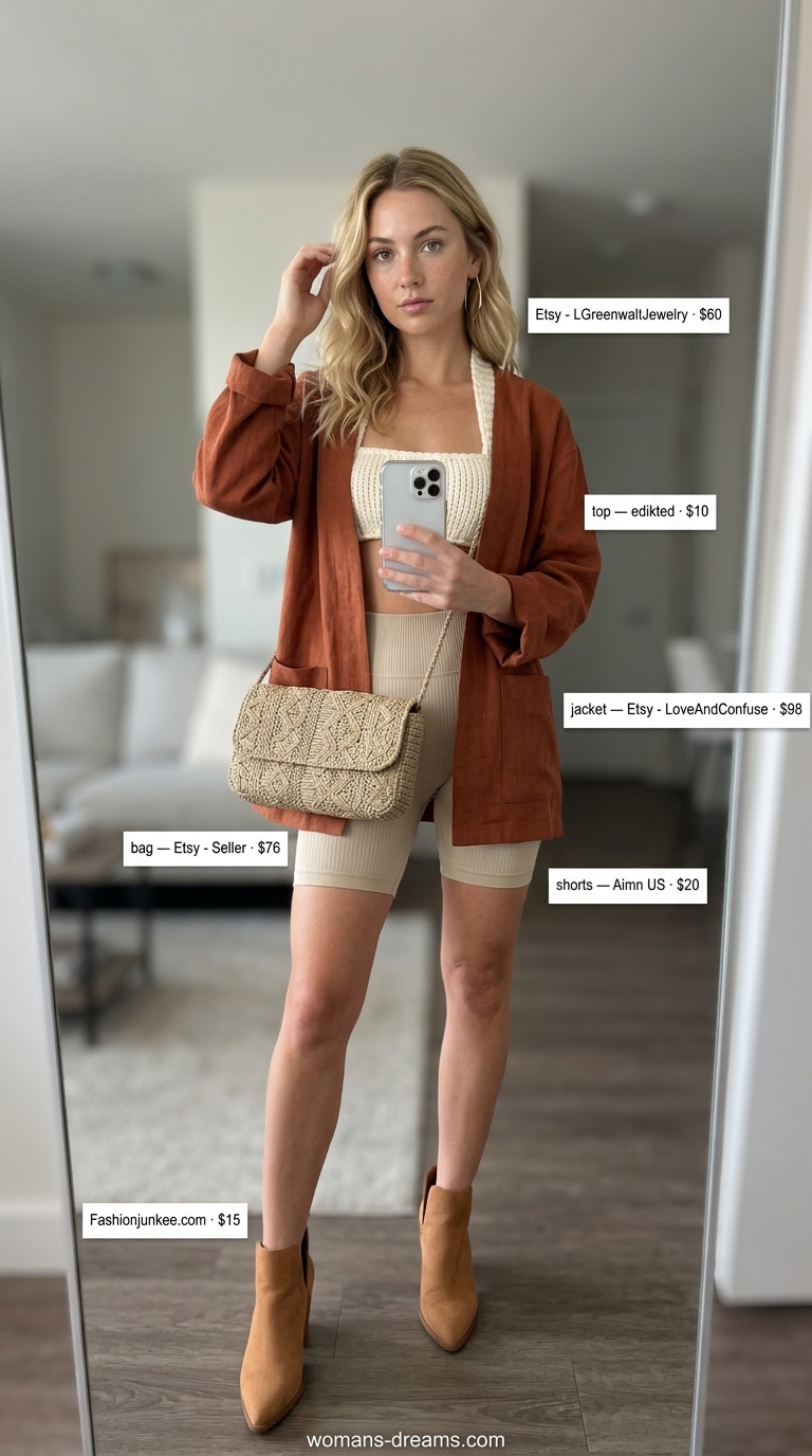 Biker shorts with blazer outfits summer for women 2026: Rust orange linen blazer, cream knit bralette, sand beige biker shorts, tan suede boots.